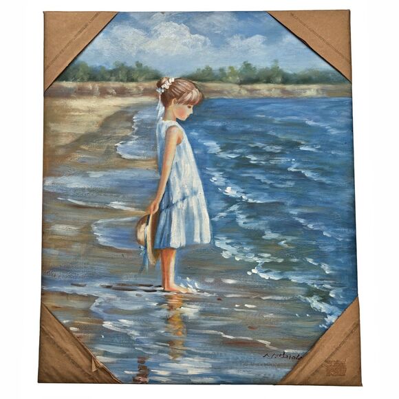 Girl Ocean Beach Signed Painting Oil Canvas Sea Waves Summer Original